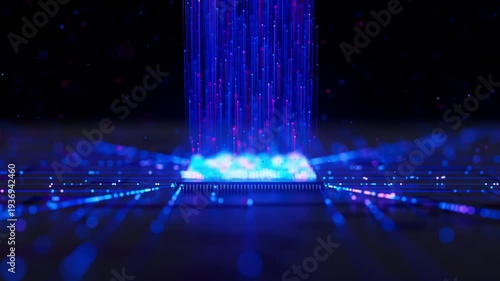 Artificial intelligence microchip, central data processing unit on circuit board. Quantum computing core with data flow into and logic operations. Futuristic technology neural network processor.