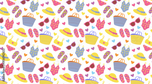 Seamless summer beach pattern with swimsuits, sun hats, sunglasses and flip-flops on white background.