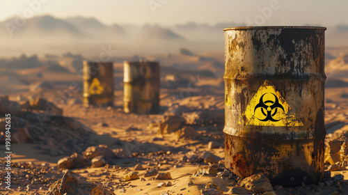 Old rusty metal barrels marked with biohazard warning symbols abandoned in a barren desert, representing toxic waste, contamination and environmental crisis.