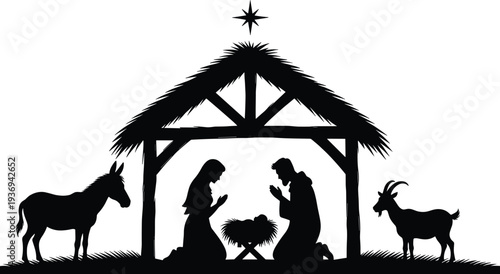 Black silhouette nativity scene with Mary Joseph and baby Jesus in manger under stable with star of Bethlehem donkey and goat on white background