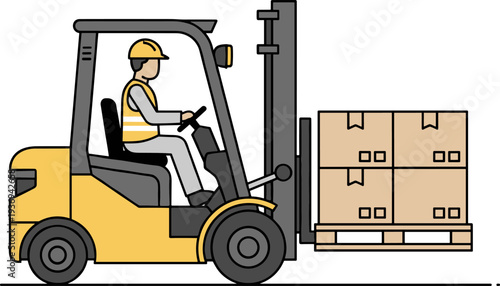 Forklift operator silhouette lifting pallet boxes, warehouse logistics illustration, industrial safety helmet and vest, material handling concept, cargo transport, workplace efficiency representation