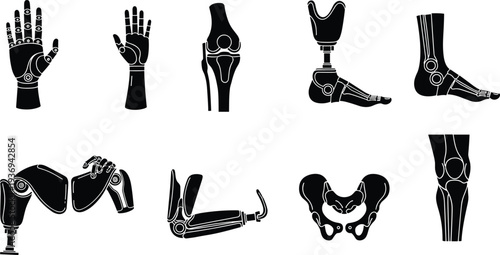 Human prosthetic limbs and joints collection, orthopedic medical prosthesis anatomy parts, artificial arm leg hand bone vector illustration set