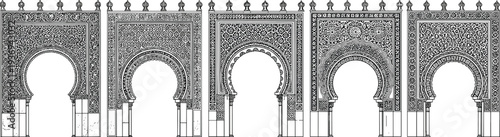 Islamic Moorish arch collection, ornate Arabic architecture doorway design, Moroccan palace arches decorative pattern vector illustration set