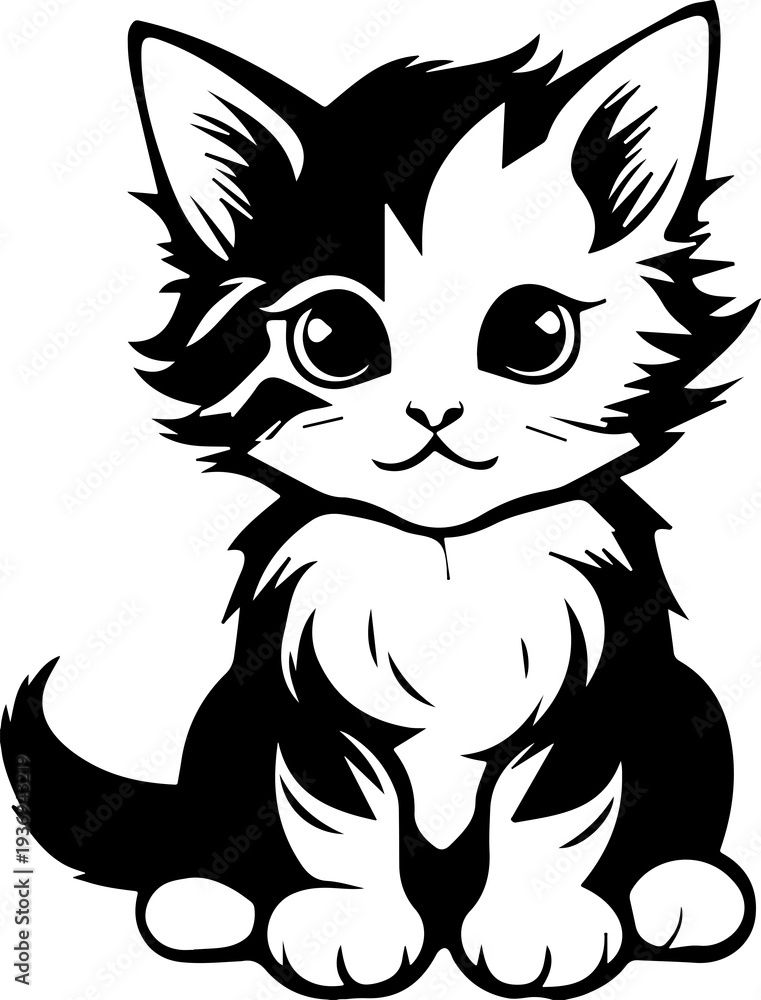 Obraz premium Cute black and white cartoon kitten sitting isolated on transparent background
