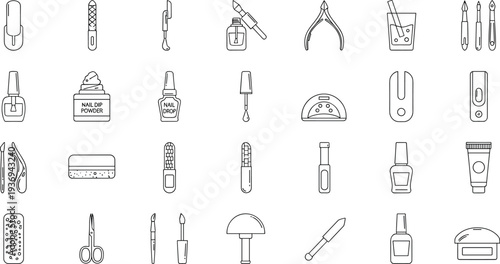 Nail care tools icons set, manicure pedicure equipment collection, beauty salon nail polish file clipper vector illustration