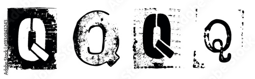 Uppercase Letter Q variations in Grunge Stamp style. Black Retro Typography elements for Collage and Poster Design