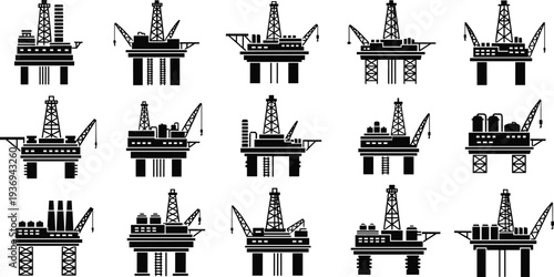 Offshore oil platform rig silhouette set petroleum drilling industry sea energy production vector illustration isolated on white background