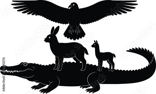 Black silhouette of a large eagle flying over a deer and llama standing on a crocodile back isolated on white background for creative design