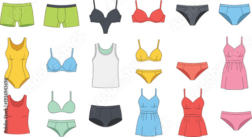 Underwear and lingerie clothing collection, bras panties boxer briefs set, women fashion apparel garments vector illustration bundle