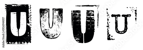Retro Punk Letter U Set with dirty distressed Texture. Grungy Typography element collection for graphic design