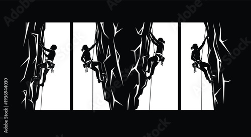 Rock climbing silhouette illustration showing climbers ascending steep cliff using ropes isolated on white background adventure sport vector design artwork