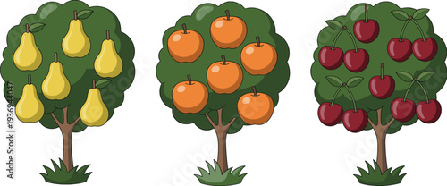 Cartoon illustration of three fruit trees with pears, apples, and cherries, representing agriculture, gardening, harvest, plant growth, and educational design for children