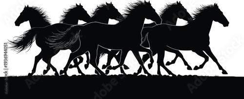 Black silhouette of a powerful herd of wild horses galloping fast across a white background representing freedom, strength, grace, speed, and majestic equine movement.
