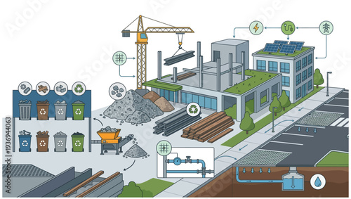 Industrial site with recycling facilities and construction.