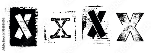 Grungy Alphabet Letter X collection with stamp effect. Retro Distressed Typography elements for urban design projects