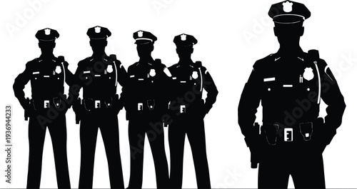 Black silhouette of a professional police officer standing in front of a law enforcement team group on white background for justice and public safety