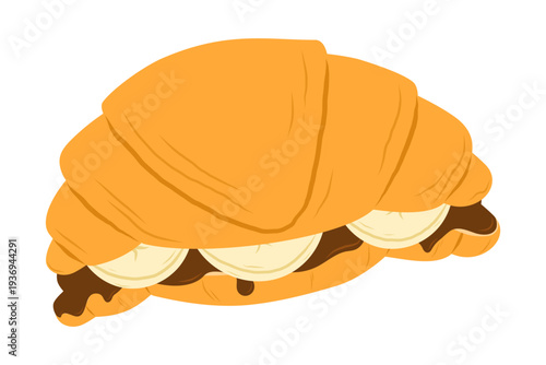 Croissant sandwich with chocolate and banana. Flat vector illustration isolated on white background