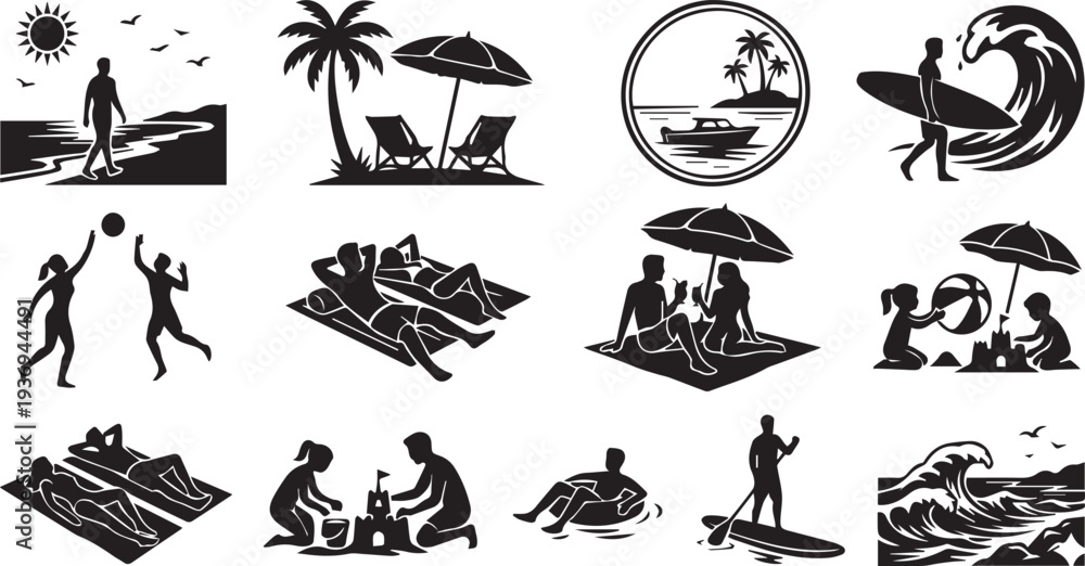 Obraz premium Tropical Beach and Ocean Activity Silhouettes Set
