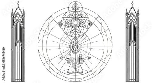 Esoteric Symbolism, Sacred Geometry, Mystical Diagram with Human Figure