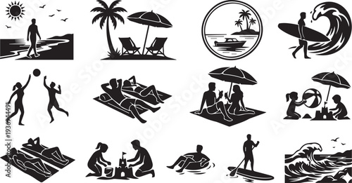 Tropical Beach and Ocean Activity Silhouettes Set