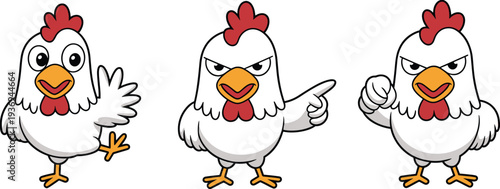 Cartoon illustration of three expressive chickens with playful, stern, and angry gestures, showcasing humor, emotions, and exaggerated character design in whimsical style