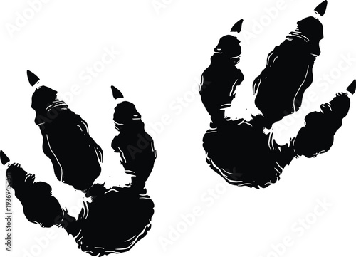 Black Silhouette of Prehistoric Tyrannosaurus Rex Dinosaur Footprints with Sharp Claws Isolated on White Background for Paleontology Concept and Ancient Wildlife Vector Design