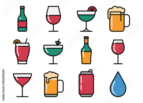 Variety of beverage icons featuring wine, beer, cocktails, and soft drinks, colorful vector illustration set ideal for bar menus