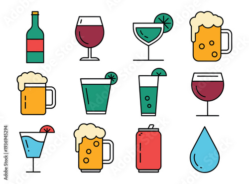 Variety of beverage icons featuring wine, beer, cocktails, and soft drinks in a clean flat vector style