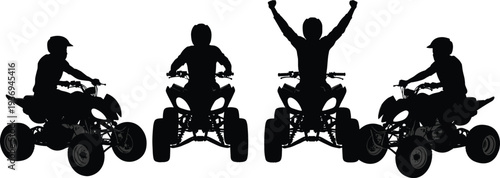 Black silhouette of professional quad bike riders group performing stunts and celebrating victory on off-road ATVs isolated on white background for extreme sports concept.