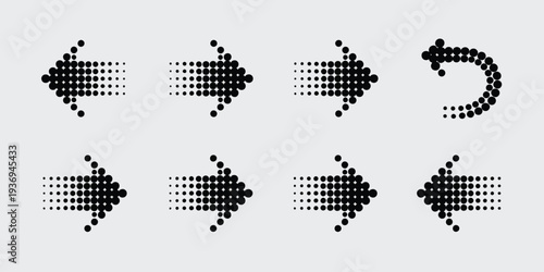 Halftone Arrow Icons, Black Direction Symbol, professional vector pack showing dotted halftone arrows, directional pointers, straight fading arrows, scalable isolated graphics for web, apps, maps, 