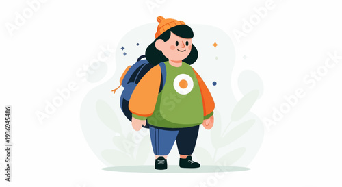 A cheerful character with a backpack, wearing a hat and casual clothes, ready for an adventure