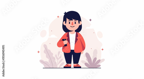 Cartoon woman in orange jacket holds phone