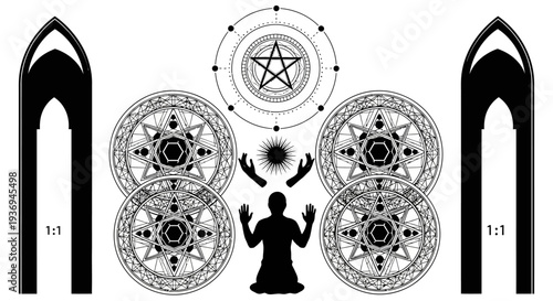 Mystical Ritual: Person Meditating with Occult Symbols and Magic Circles