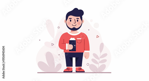 A stylized man with dark hair, beard, and red sweater holding a dark rectangular object