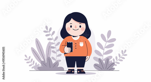 A cute cartoon child holding a smartphone amidst stylized plants