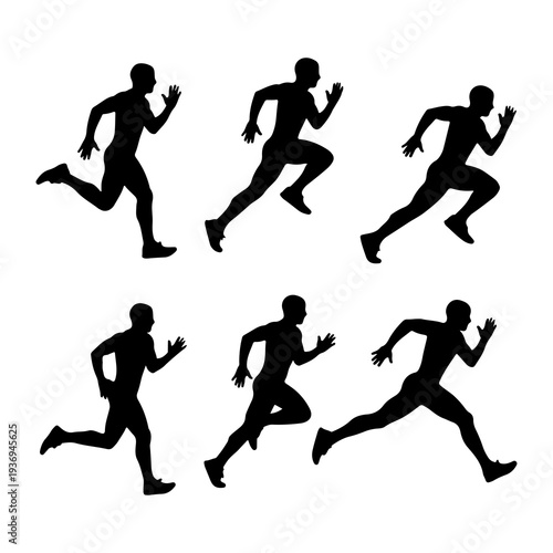 Six black silhouettes of men running in different poses