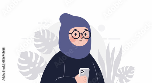 Stylized person in purple hood and glasses, holding smartphone, with botanical elements