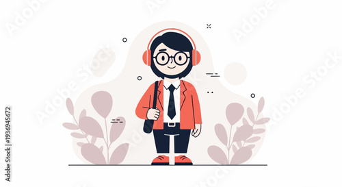 Young person in headphones, jacket, tie, and bag, amidst abstract shapes and leaves