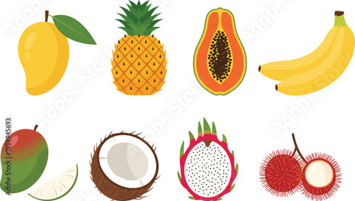 Set of fresh tropical fruits including mango pineapple papaya banana coconut dragon fruit and rambutan isolated on white background for healthy,