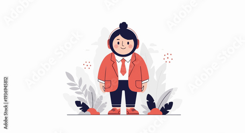 Cheerful person in a red suit and headphones, surrounded by abstract foliage