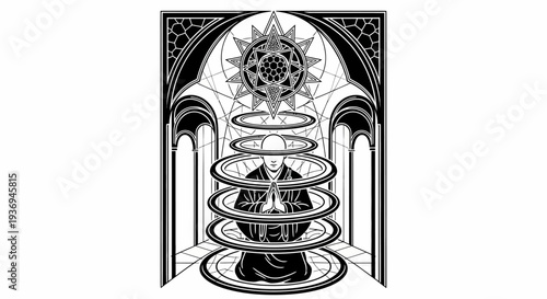 Mystic Monk Meditating in Sacred Geometry Temple