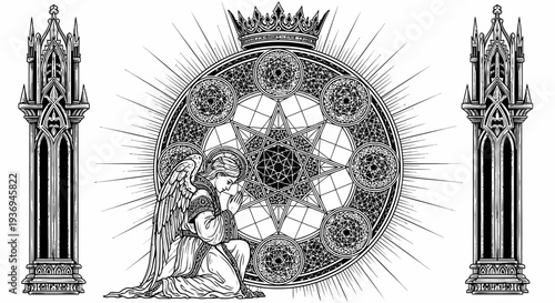 Gothic Angel Praying Before Crowned Rose Window with Pillars