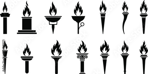 Torch Flame Silhouette Icon Set Vector Illustration Featuring Ancient and Modern Fire Torches Isolated on White Background for Ceremony, Festival and Graphic Design