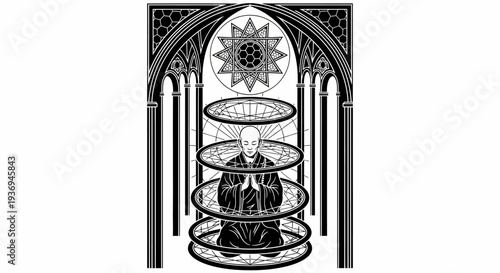 Zen Monk Meditating in Ornate Chamber with Sacred Geometry
