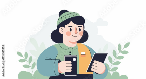 Cheerful person in winter hat with devices amidst nature's gentle hues