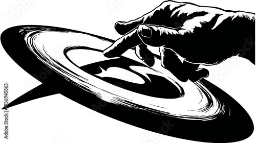 Black and white illustration depicts hand interacting with a circular object