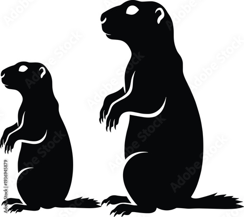 Black silhouette of two prairie dogs standing on hind legs isolated on white background, wild marmot ground squirrel vector illustration for nature wildlife design.