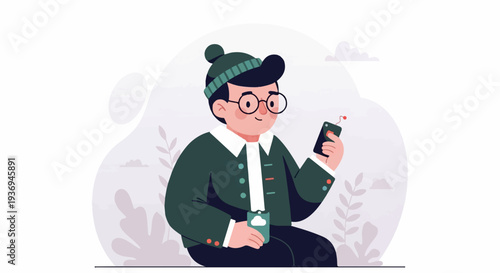 Person in winter attire holding a phone and a mug, with abstract shapes and plants in background