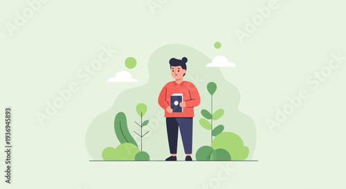 A stylized person with dark hair bun, holding a book, stands amidst lush green foliage and stylized clouds