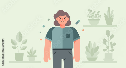 A stylized person stands among houseplants, surrounded by floating geometric shapes on a pale green background